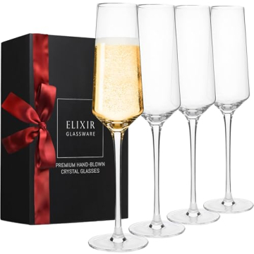 ELIXIR GLASSWARE Classy Champagne Flutes - 8 oz - Set of 4 Elegant Flute Wine Glasses - Hand Blown C...