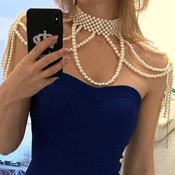 Bmirth Pearl Shawl Body Chain Pearl Shoulder Necklaces Body Jewelry Sexy Bra Tassel Body Chain Summer Beach Body Accessories Nightclub Party Body Chains (Shoulder necklace)