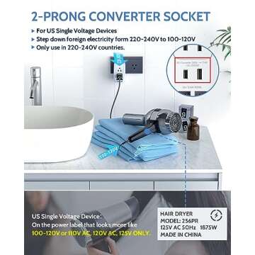 DoAce 220V to 110V Converter with USB Charging Ports