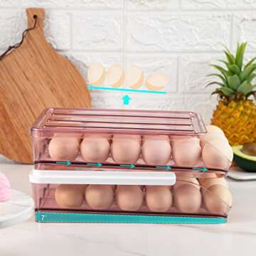 Rubtlamp Clear Pink Egg Container For Refrigerator, Egg Holder Organizer With Lid, Auto Rolling Egg Holder, Large Capacity 36 Count Egg Dispenser Storage, Egg Holder For Refrigerator(2-Layer)