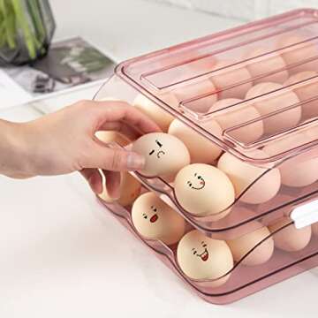 Rubtlamp Clear Pink Egg Container For Refrigerator, Egg Holder Organizer With Lid, Auto Rolling Egg Holder, Large Capacity 36 Count Egg Dispenser Storage, Egg Holder For Refrigerator(2-Layer)