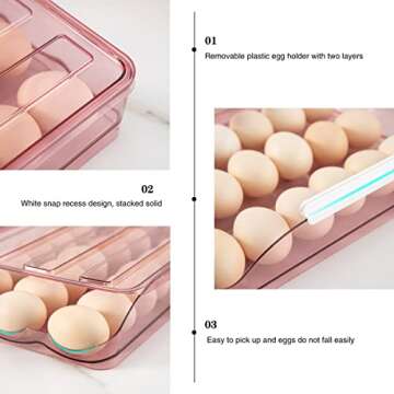 Rubtlamp Clear Pink Egg Container For Refrigerator, Egg Holder Organizer With Lid, Auto Rolling Egg Holder, Large Capacity 36 Count Egg Dispenser Storage, Egg Holder For Refrigerator(2-Layer)