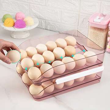 Rubtlamp Clear Pink Egg Container For Refrigerator, Egg Holder Organizer With Lid, Auto Rolling Egg Holder, Large Capacity 36 Count Egg Dispenser Storage, Egg Holder For Refrigerator(2-Layer)