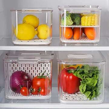 SANNO Produce Saver Fresh Keeper Vegetable Fruit Storage Containers, Refrigerator Fridge Stackable Bins with Lids and Vents, Stackable Salad Lettuce Keeper,BPA-freeContainers Bin-