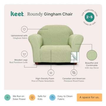 Keet Roundy Kid's Chair Gingham Kids Chair, Comfortable and Durable Kids Chair, Kids Armchair Easy to Coordinate, Kids Bedroom Chair, Comfy, Ages 2-5 Years, Kid Sofa Chair, Green