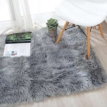 OJIA Deluxe Soft Fuzzy Fur Rugs Faux Sheepskin Shaggy Area Rugs Fluffy Modern Kids Carpet for Living Room Bedroom Sofa Bedside Decor(2 x 3ft, Grey)