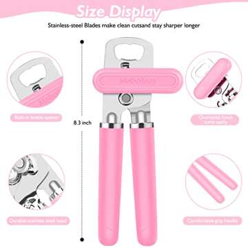 Mebotem 10 Colors Can Opener Manual Handheld Heavy Duty Hand Can Opener Smooth Edge Stainless Steel Can Openers Top Lid Kitchen Gadgets, Best Large Rated Easy Turn Knob, with Bottle Opener, Pink