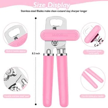 Mebotem 10 Colors Can Opener Manual Handheld Heavy Duty Hand Can Opener Smooth Edge Stainless Steel Can Openers Top Lid Kitchen Gadgets, Best Large Rated Easy Turn Knob, with Bottle Opener, Pink
