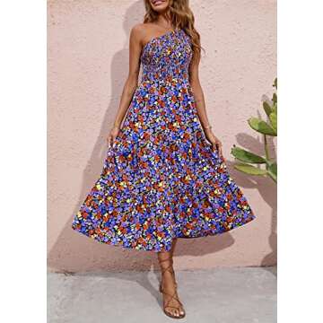 BTFBM 2025 Summer One Shoulder Dresses for Women Casual Sleeveless High Waist Floral Flowy Smocked Boho Beach Maxi Dress
