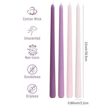 Viyffo 12 Inch Purpel Taper Candles Set of 12 Unscented Smokeless Long Tall Tapered Candle for Candlesticks Sticks Wedding Home Decor Dinner