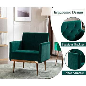 SLEERWAY Modern Velvet Single Sofa Chair, Upholstered Accent Living Room Chair, Comfy Armchair with Rose Golden Metal Legs, Tufted Chair for Reading or Lounging (Green)