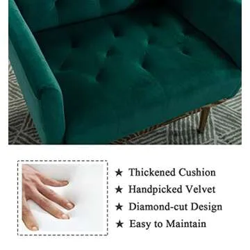 SLEERWAY Modern Velvet Single Sofa Chair, Upholstered Accent Living Room Chair, Comfy Armchair with Rose Golden Metal Legs, Tufted Chair for Reading or Lounging (Green)