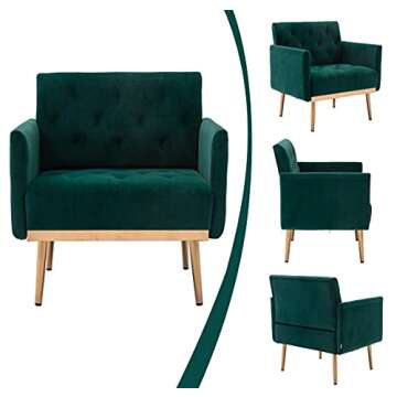 SLEERWAY Modern Velvet Single Sofa Chair, Upholstered Accent Living Room Chair, Comfy Armchair with Rose Golden Metal Legs, Tufted Chair for Reading or Lounging (Green)