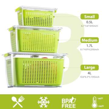 LUXEAR Fresh Container, 3PACK Produce Saver Container BPA Free Fridge Organizer for Vegetable Fruit and Salad Partitioned Food Storage Container with Vents Stay Fresh Containers Not Dishwashers Safe