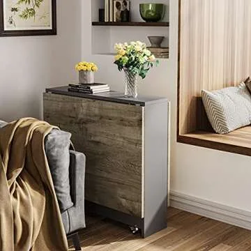 Tiptiper Folding Dining Table, Drop Leaf Dining Table with 6 Wheels and 2-Layer Storage Shelf, Space Saving Dining Table for Small Spaces, Chestnut and Gray