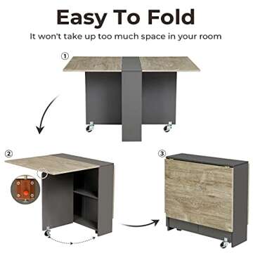 Tiptiper Folding Dining Table, Drop Leaf Dining Table with 6 Wheels and 2-Layer Storage Shelf, Space Saving Dining Table for Small Spaces, Chestnut and Gray