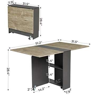 Tiptiper Folding Dining Table, Drop Leaf Dining Table with 6 Wheels and 2-Layer Storage Shelf, Space Saving Dining Table for Small Spaces, Chestnut and Gray