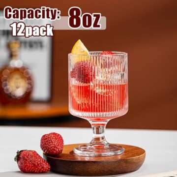 wookgreat Vintage Wine Glasses Set of 12, 8 oz Origami Style Glass Water Goblets, Unique Embossed Pa...