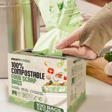 100 Compost Bags with Handles - 2.6 Gallon/9.84 Liter Compostable Trash Bags, 100 Count Biodegradable Trash Bags, Small Trash Bags, Certified By BPI And OK Compost, Food Scrap Waste Bags