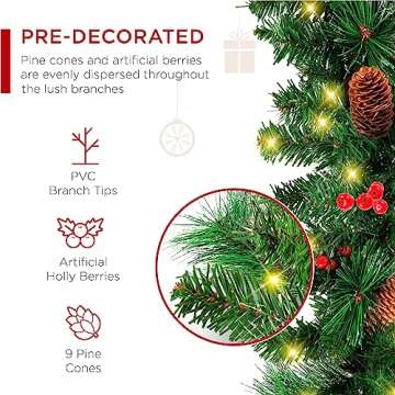 Best Choice Products 9ft Pre-Lit Holiday Pre-Decorated Christmas Garland for Stairs, Fireplace, Decoration w/PVC Tips, 50 Lights, Pine Cones, Berries - Unflocked