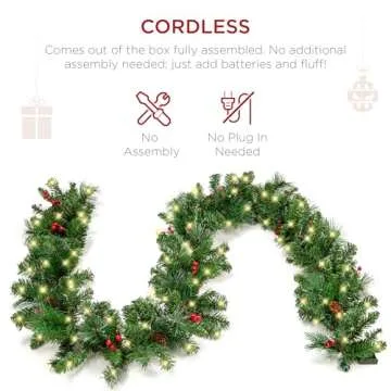 Best Choice Products 9ft Pre-Lit Holiday Pre-Decorated Christmas Garland for Stairs, Fireplace, Decoration w/PVC Tips, 50 Lights, Pine Cones, Berries - Unflocked
