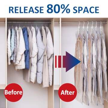 Hanging Vacuum Storage Bags, 6 Pack Large Hanging Vacuum Seal Bags for Clothing, Space Saver for Clo...