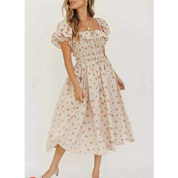 R.Vivimos Womens Summer Floral Print Puff Sleeves Vintage Ruffles Midi Dress (Small, Beige#1)