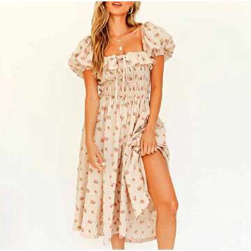 R.Vivimos Womens Summer Floral Print Puff Sleeves Vintage Ruffles Midi Dress (Small, Beige#1)