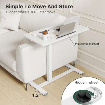 Gibbon Mounts Mobile Standing Desk, Pneumatic Adjustable Rolling Desk(31.5 Inches), Portable Laptop Desk with Wheels, Overbed Bedside Table Laptop Table for Couch, Home, Office, White