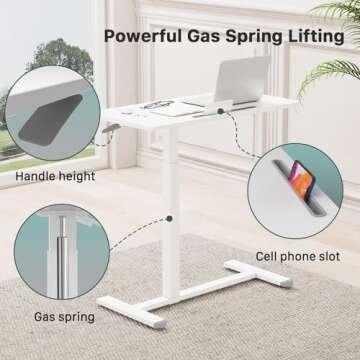 Gibbon Mounts Mobile Standing Desk, Pneumatic Adjustable Rolling Desk(31.5 Inches), Portable Laptop Desk with Wheels, Overbed Bedside Table Laptop Table for Couch, Home, Office, White