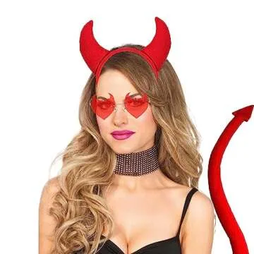 Ausejopeac Demon halloween Devil Costume Set, Devil Horns Headband and Devil Tail and Devil Horns Heart Sunglasses Halloween Devil Demon Cosplay Costume Party