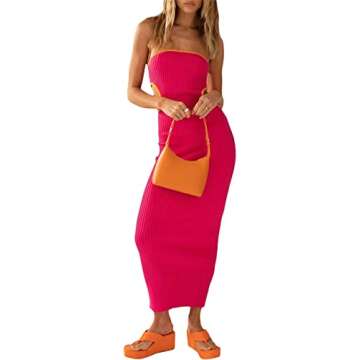 Thopavenoir Women's Knit Strapless Maxi Dress Side Cutout Backless Ribbed Long Dresses Bodycon Y2k Tube Top Beach Dresses (Rose Red, S)