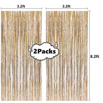 i-CHONY 2 Pcs 3.2ft x 8.2ft Champagne Gold Metallic Tinsel Foil Fringe Curtains Photo Booth Backdrop...