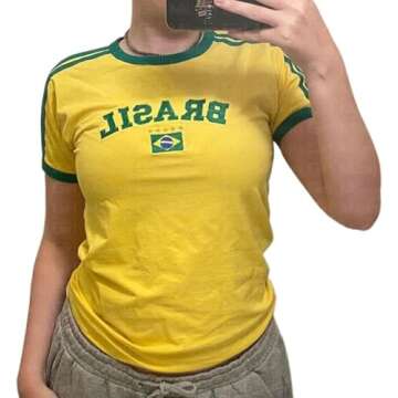 IDEWO Vintage Graphic Baby Tees for Women Brazil Shirt Y2k Tops Mexico Crop Jersey 2000s Summer Going Out Tops (Brazil-A,Medium,Medium)