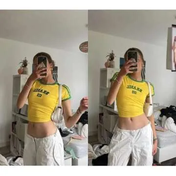IDEWO Vintage Graphic Baby Tees for Women Brazil Shirt Y2k Tops Mexico Crop Jersey 2000s Summer Going Out Tops (Brazil-A,Medium,Medium)