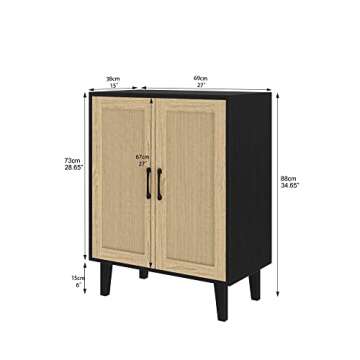Panana Buffet Cabinet Sideboard with Rattan Decorated Doors Kitchen Storage Cupboard Accent Cabinet (Black)