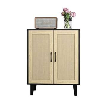 Panana Buffet Cabinet Sideboard with Rattan Decorated Doors Kitchen Storage Cupboard Accent Cabinet (Black)