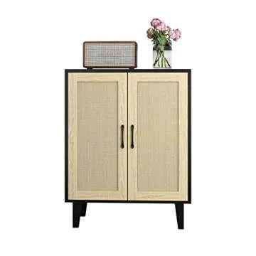 Panana Buffet Cabinet Sideboard with Rattan Decorated Doors Kitchen Storage Cupboard Accent Cabinet (Black)
