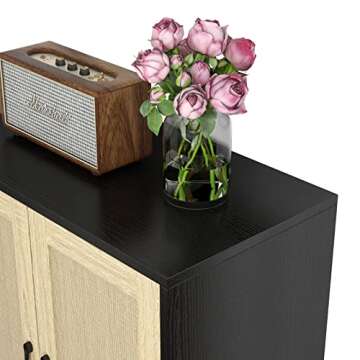 Panana Buffet Cabinet Sideboard with Rattan Decorated Doors Kitchen Storage Cupboard Accent Cabinet (Black)