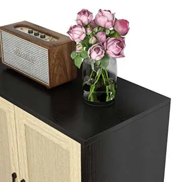 Panana Buffet Cabinet Sideboard with Rattan Decorated Doors Kitchen Storage Cupboard Accent Cabinet (Black)