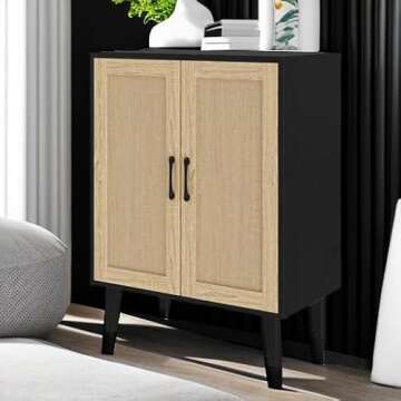 Panana Buffet Cabinet Sideboard with Rattan Decorated Doors Kitchen Storage Cupboard Accent Cabinet (Black)