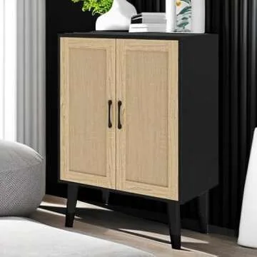 Panana Buffet Cabinet Sideboard with Rattan Decorated Doors Kitchen Storage Cupboard Accent Cabinet (Black)