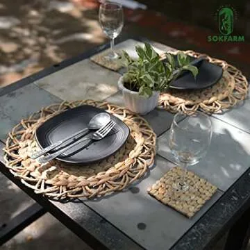 Flower Boho Placemats Set of 4, Round Placemats for Dining Table Set of 4, Water Hyacinth Wicker Placemats, Straw Placemats, Round Woven Placemats Set of 4, Natural Placemats 13.4 in