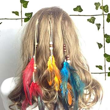 Boho Feather Hair Clips Hippie Hair Extensions 6 Pcs Indian Tribal Bead Gypsy Colorful Handmade Feat...