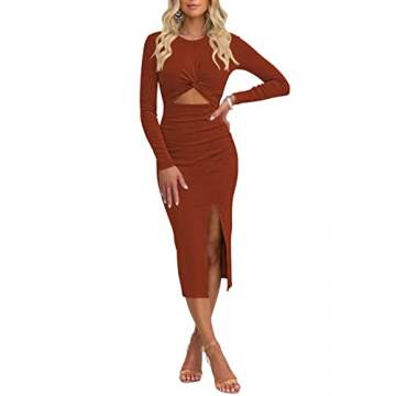 Duigluw Cutout Midi Dress Women Long Sleeve Twist Front Crisscross Bodycon Stretchy Cocktail Party L...