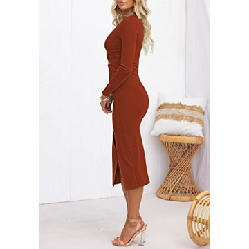 Duigluw Cutout Midi Dress for Women Long Sleeve Brown