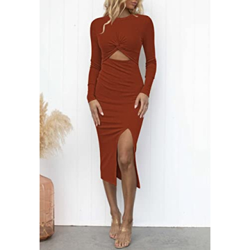 Duigluw Cutout Midi Dress for Women Long Sleeve Brown