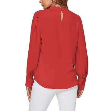 LYANER Women's Mock Neck Pleated Solid Long Sleeve Blouse Office Shirt Tops Red Small