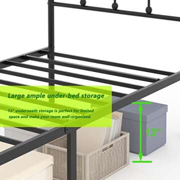Yoshiely King-Size Platform Bed-Frame with-Headboard & Footboard - Easy Assembly Metal Mattress-Foundation Victorian Vintage Style no Box Spring Needed 13inch Storage with Decoration Ball(Black)