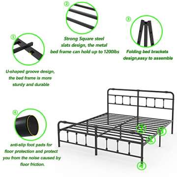 Yoshiely King-Size Platform Bed-Frame with-Headboard & Footboard - Easy Assembly Metal Mattress-Foundation Victorian Vintage Style no Box Spring Needed 13inch Storage with Decoration Ball(Black)